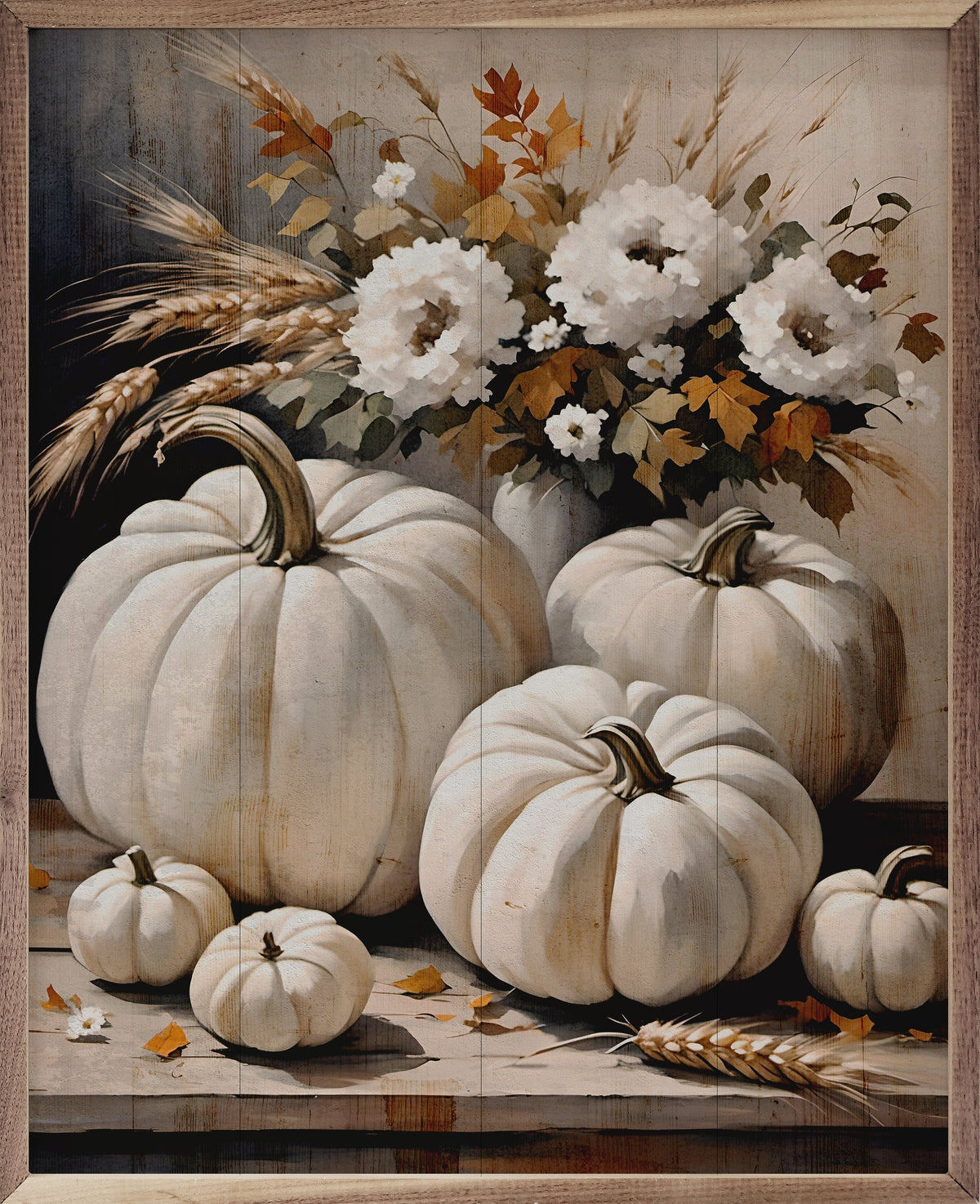 White Pumpkins On Table Printed and Framed Wall Sign