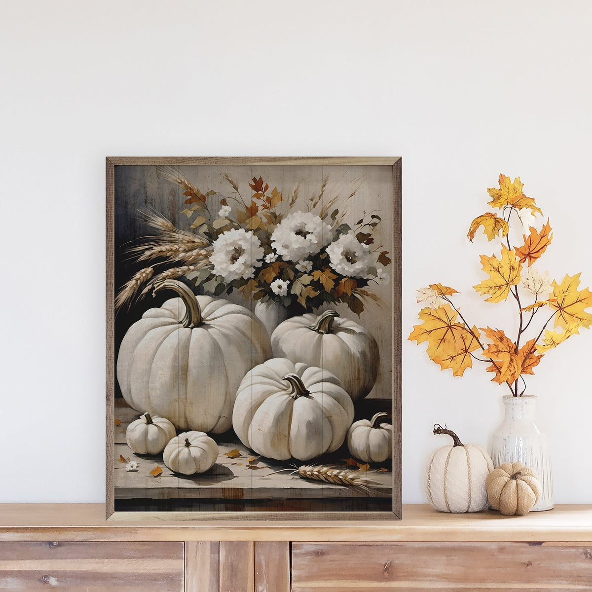 White Pumpkins On Table Printed and Framed Wall Sign