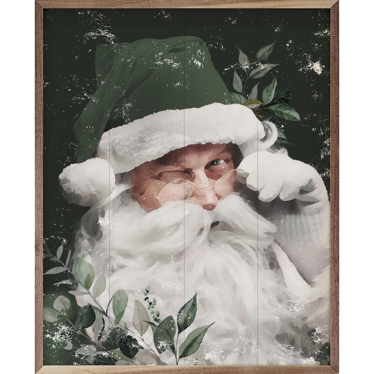 Winking Santa With Green Hat Printed and Framed Wall Sign