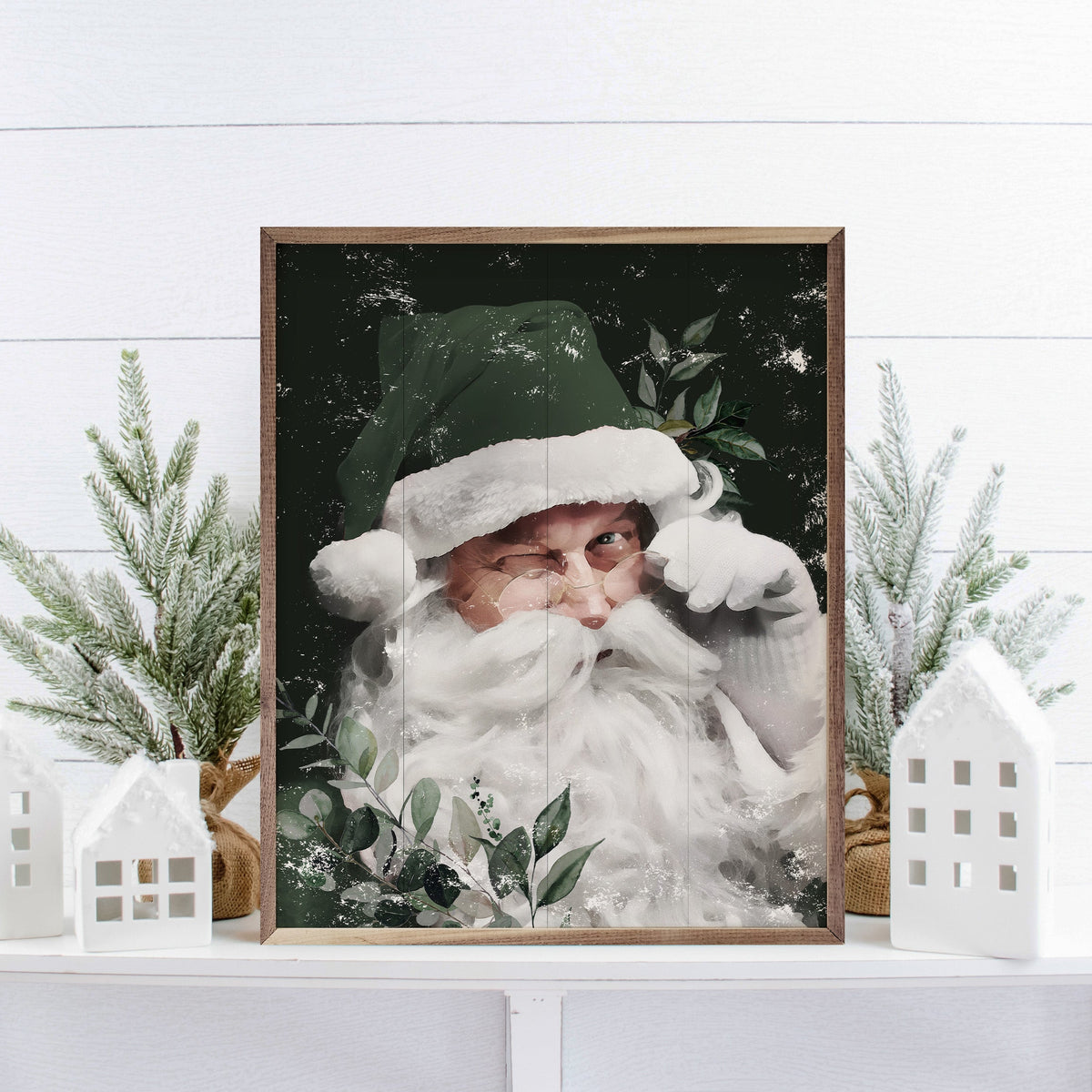 Winking Santa With Green Hat Printed and Framed Wall Sign