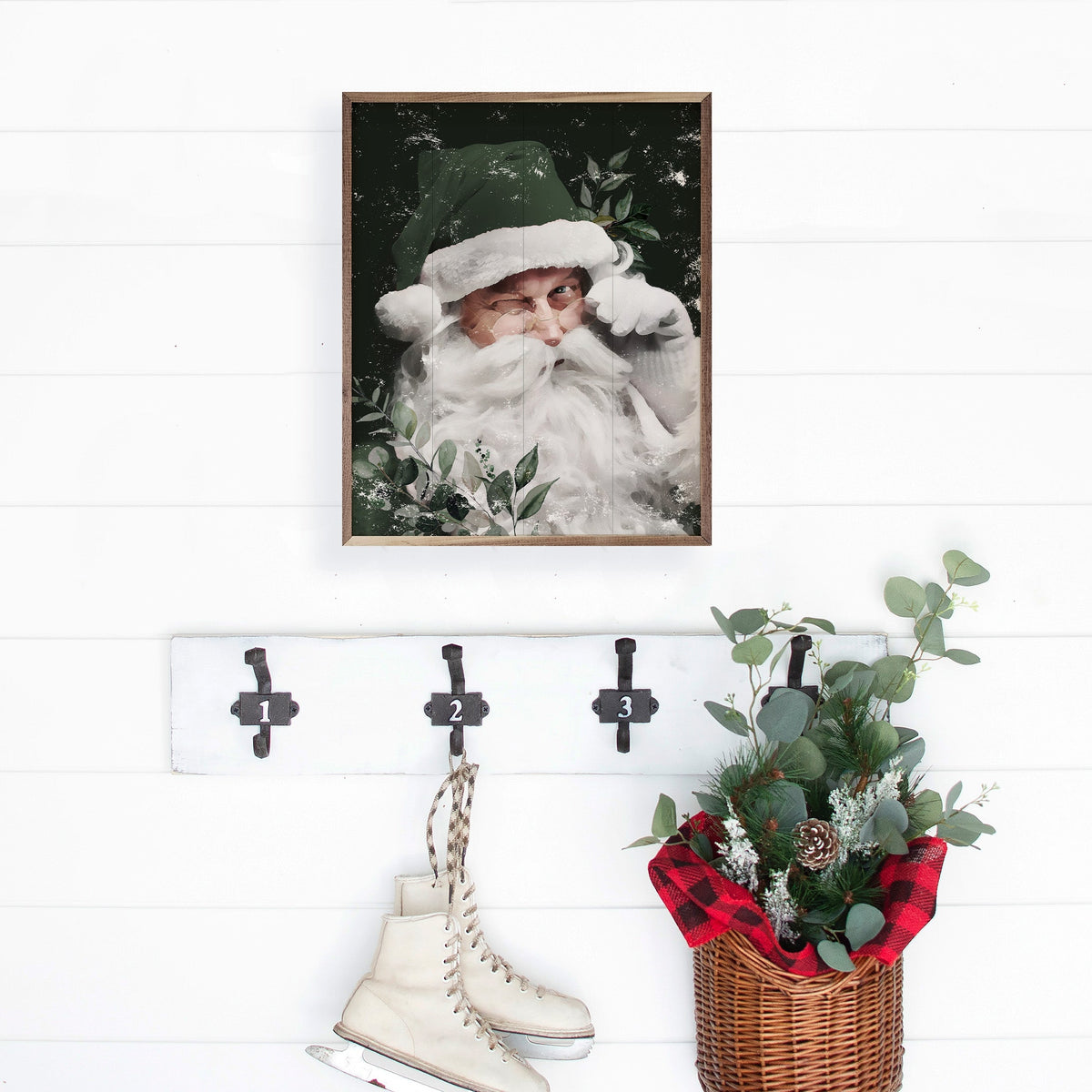 Winking Santa With Green Hat Printed and Framed Wall Sign