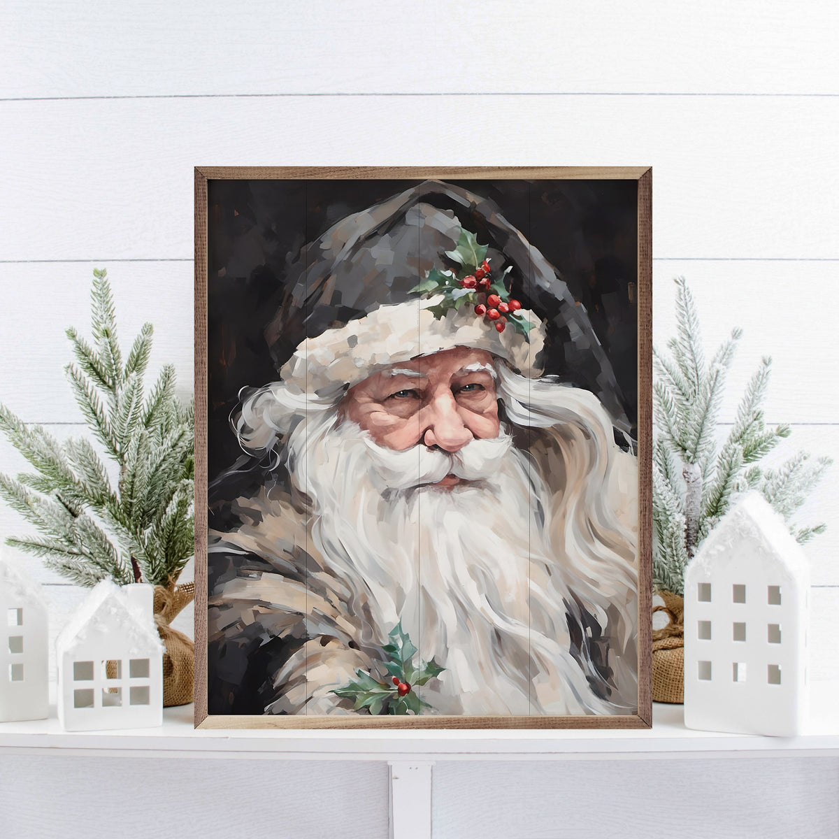 Wise Grayscale Santa Printed and Framed Wall Sign