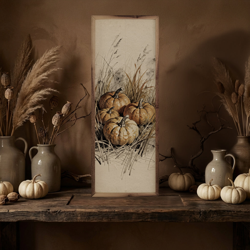 Simple Pumpkins And Grass Printed and Framed Wall Sign