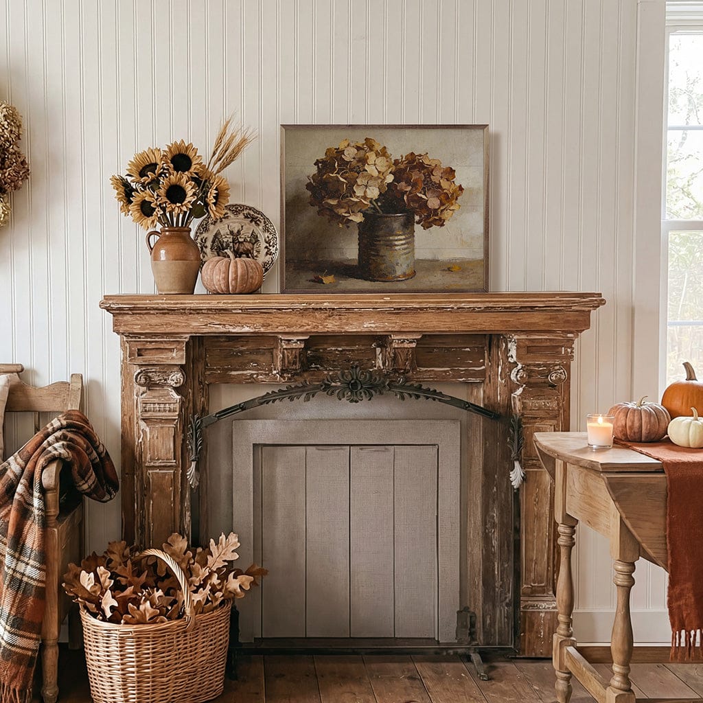 Autumn Hydrangeas In Rustic Tin Printed and Framed Wall Sign