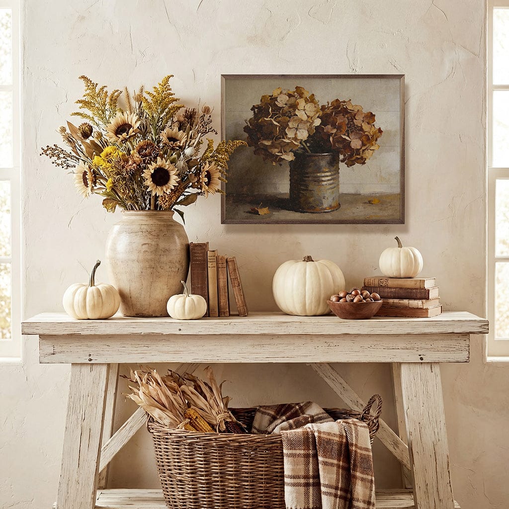 Autumn Hydrangeas In Rustic Tin Printed and Framed Wall Sign