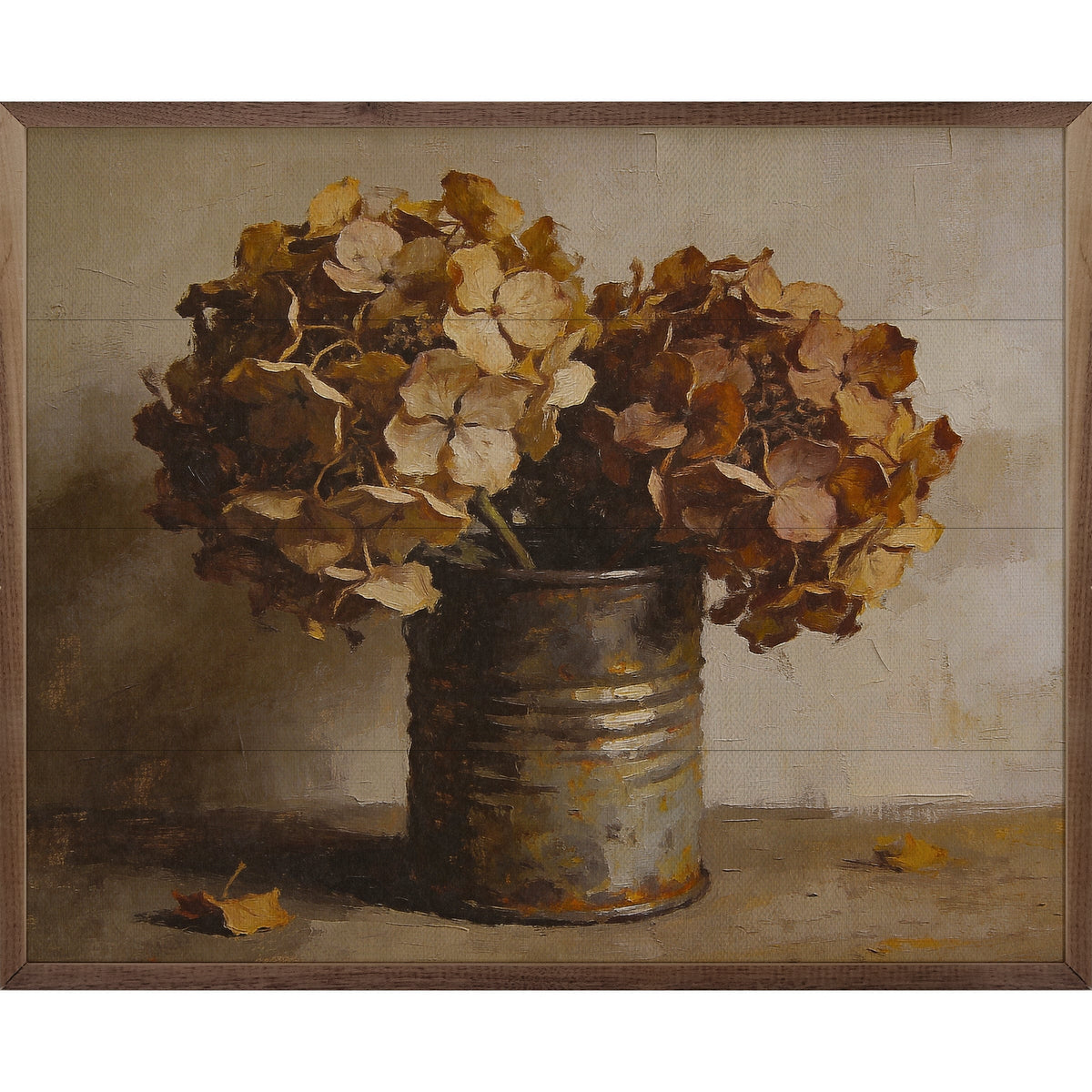 Autumn Hydrangeas In Rustic Tin Printed and Framed Wall Sign