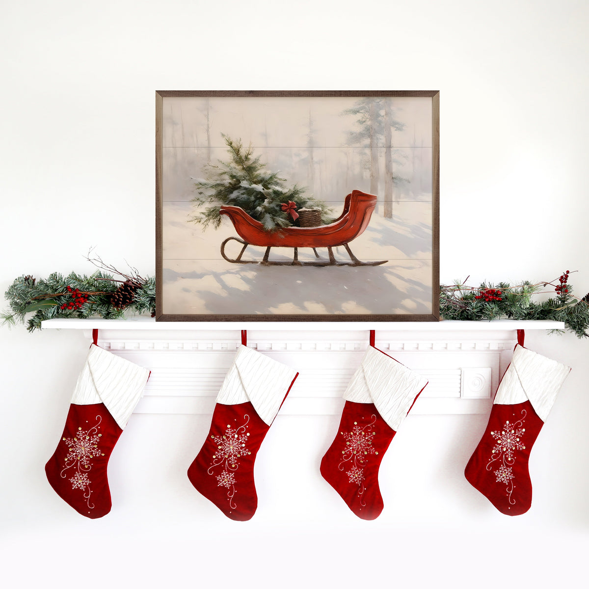 Beautiful Red Sleigh Printed and Framed Wall Sign