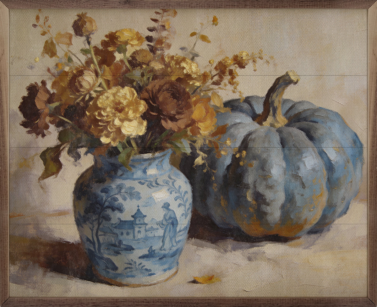 Blue Pumpkin And Floral Arrangement Printed and Framed Wall Sign