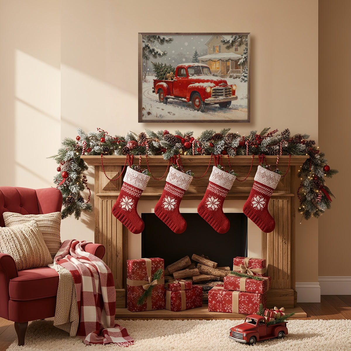 Bringing Christmas Home Red Truck Printed and Framed Wall Sign