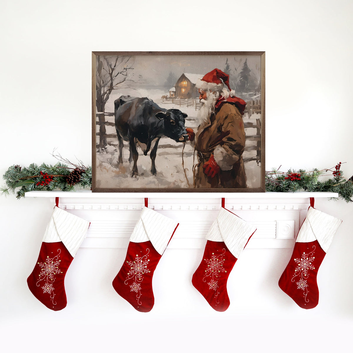 Cow And Santa Printed and Framed Wall Sign