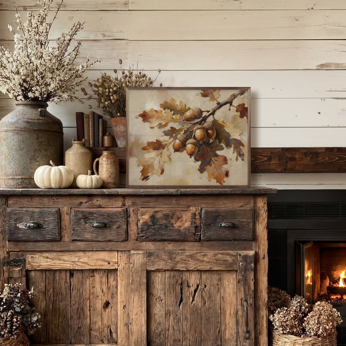 Oak Branch With Acorns Printed and Framed Wall Sign