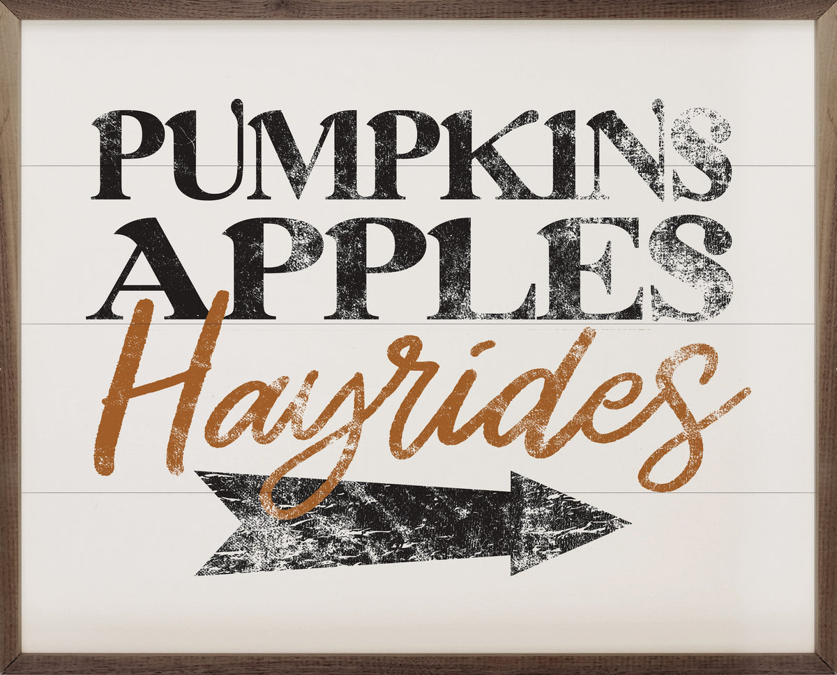 Pumpkins Apples Hayrides White Printed and Framed Wall Sign