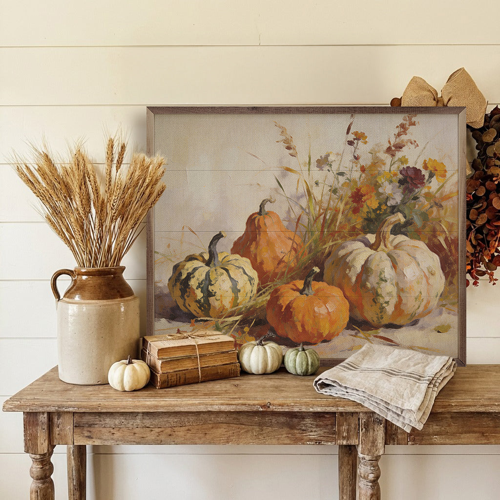 Pumpkins With Oak Leaves And Acorns Printed and Framed Wall Sign