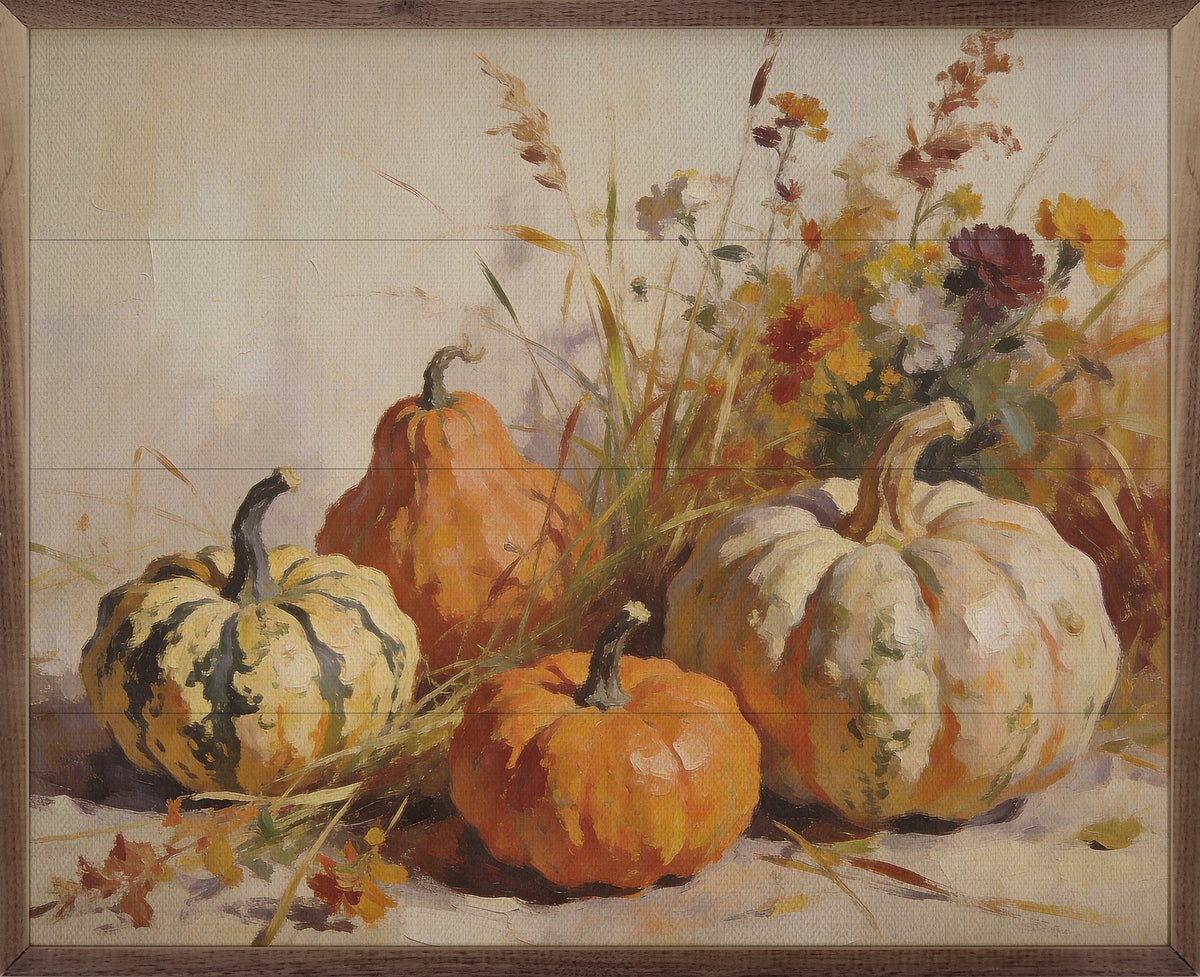 Pumpkins With Oak Leaves And Acorns Printed and Framed Wall Sign