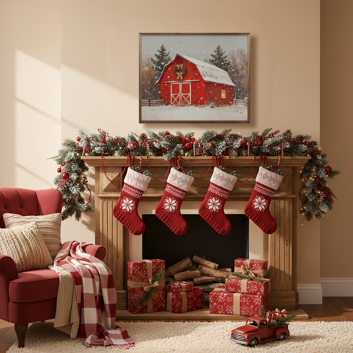 Red Holiday Barn Printed and Framed Wall Sign