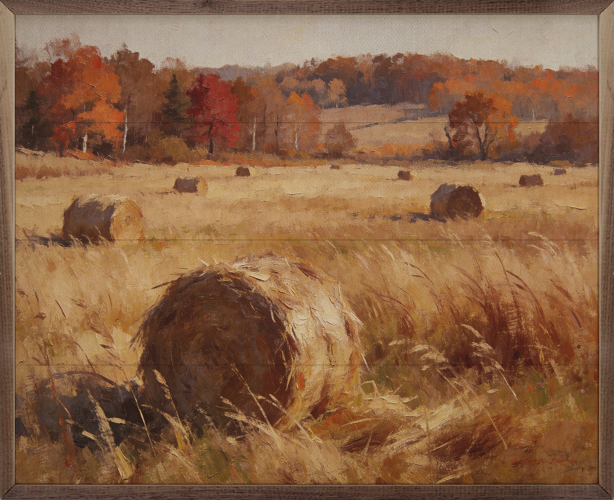 Rolling Autumn Field With Hay Bale Printed and Framed Wall Sign