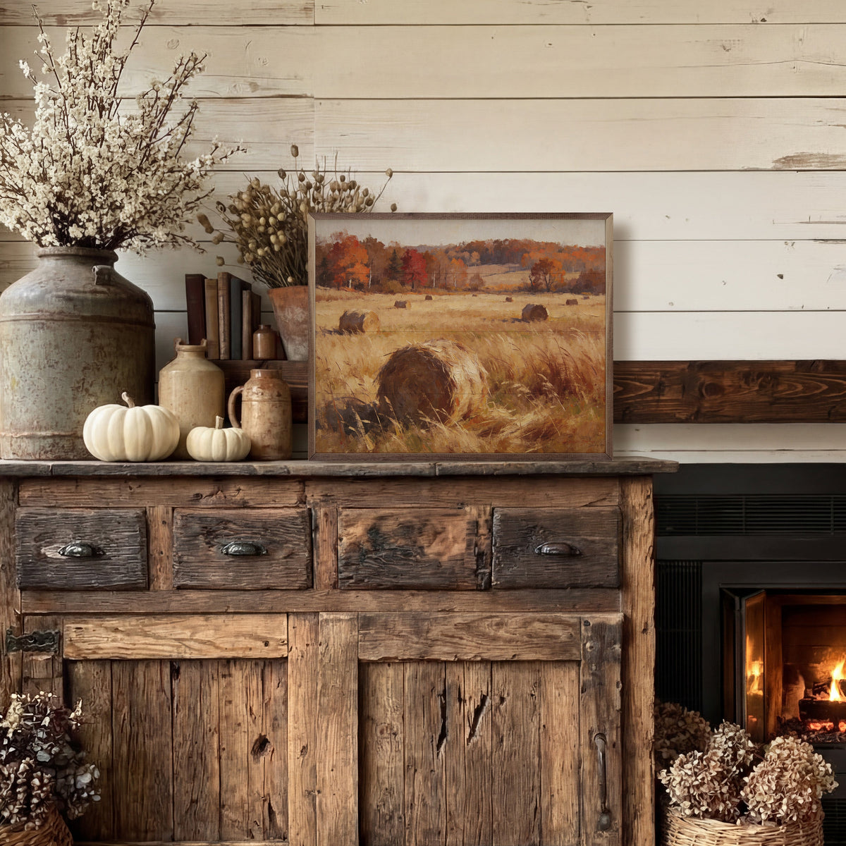 Rolling Autumn Field With Hay Bale Printed and Framed Wall Sign