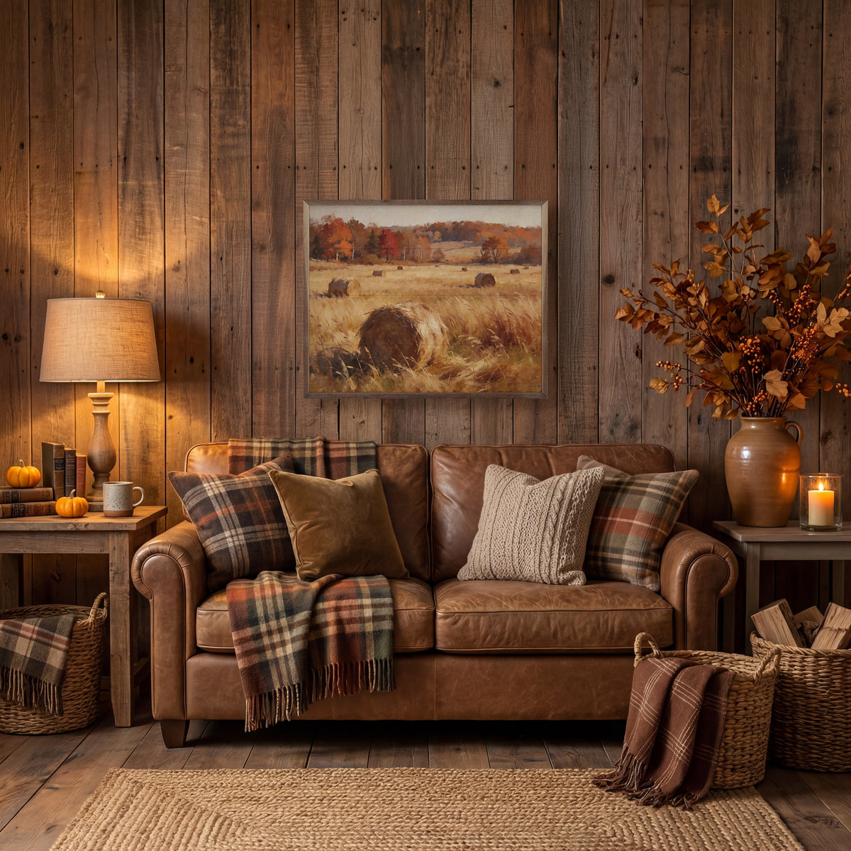 Rolling Autumn Field With Hay Bale Printed and Framed Wall Sign