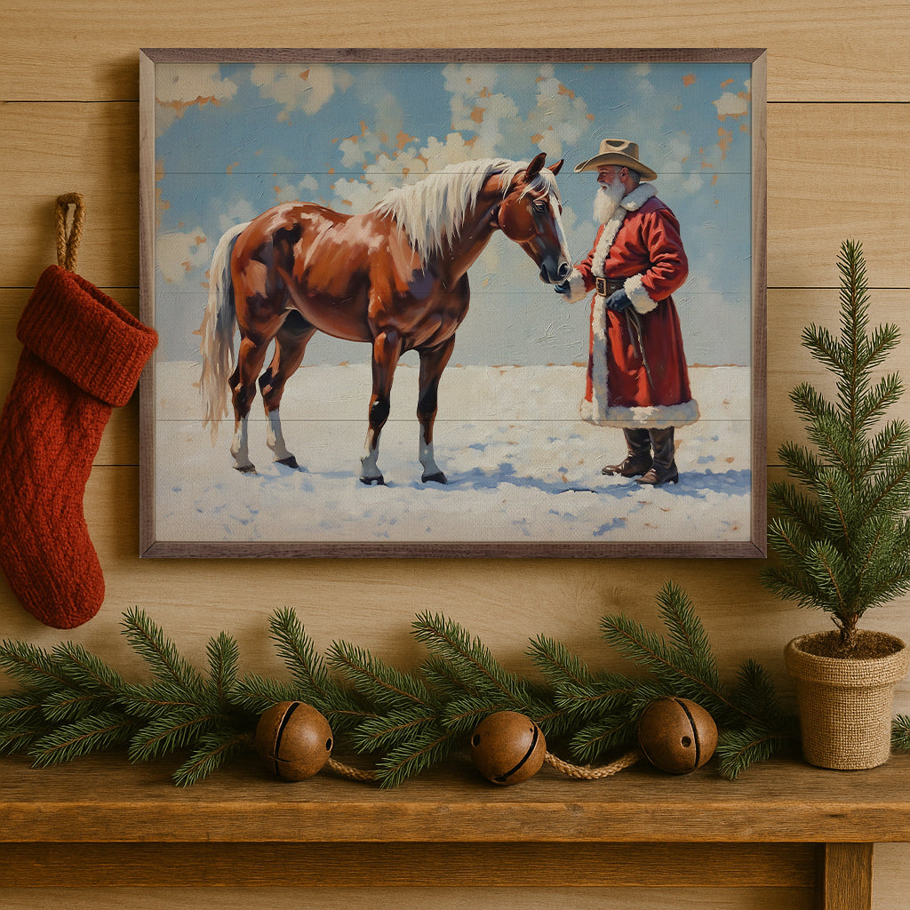 Santa In Field With Horse Printed and Framed Wall Sign
