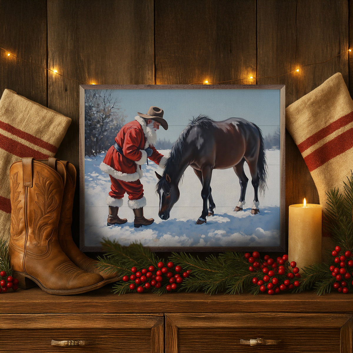 Santa With Curious Black Horse Printed and Framed Wall Sign