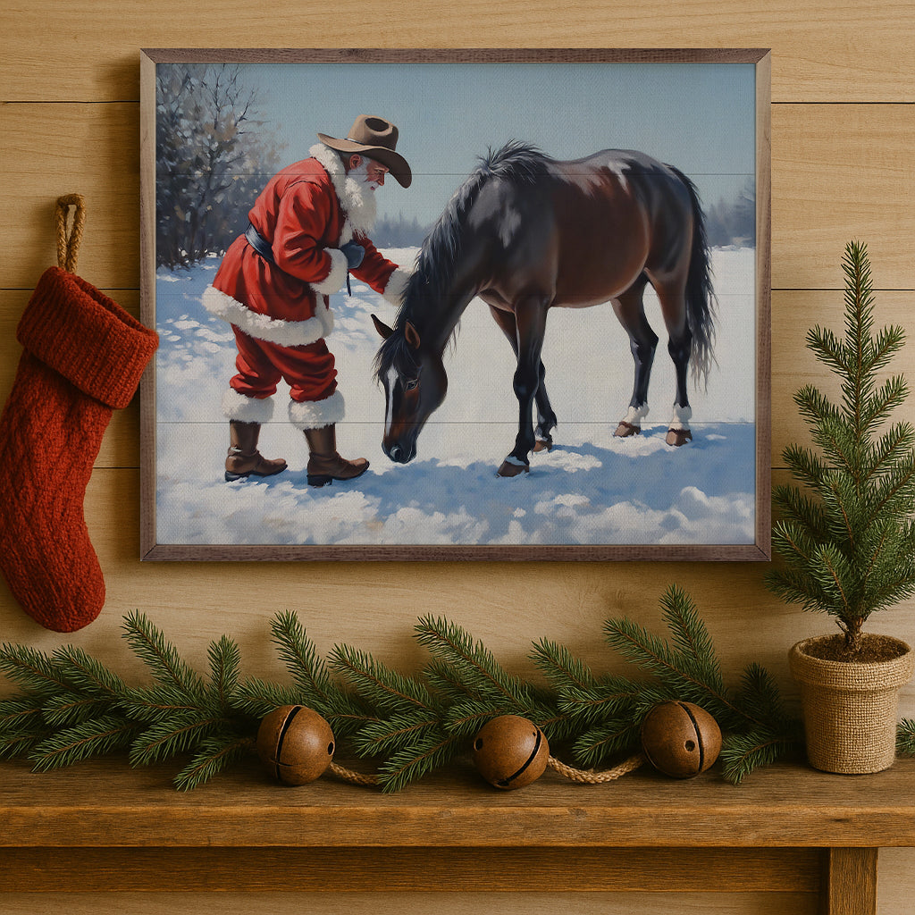 Santa With Curious Black Horse Printed and Framed Wall Sign