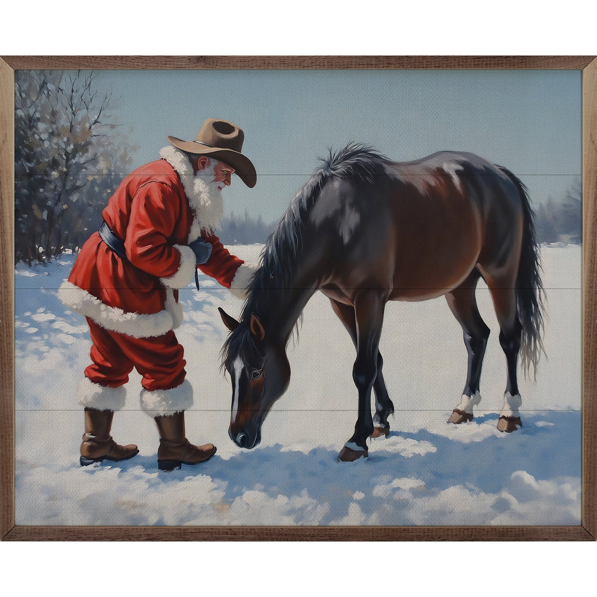 Santa With Curious Black Horse Printed and Framed Wall Sign