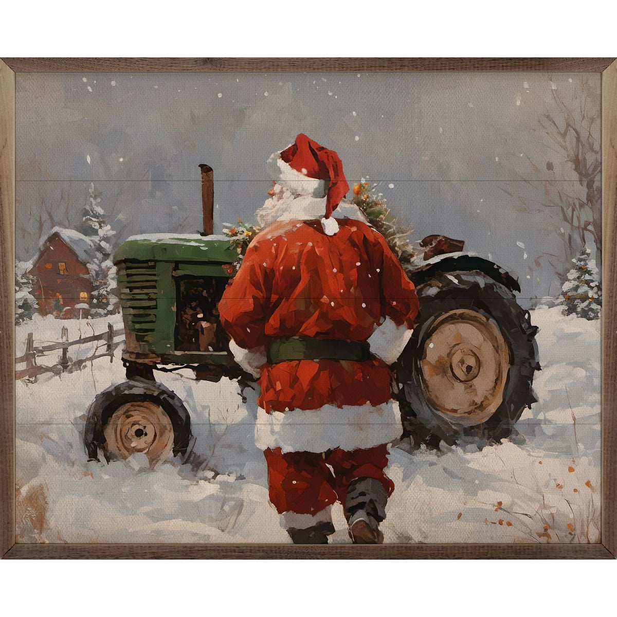 Santa With Green Tractor Printed and Framed Wall Sign