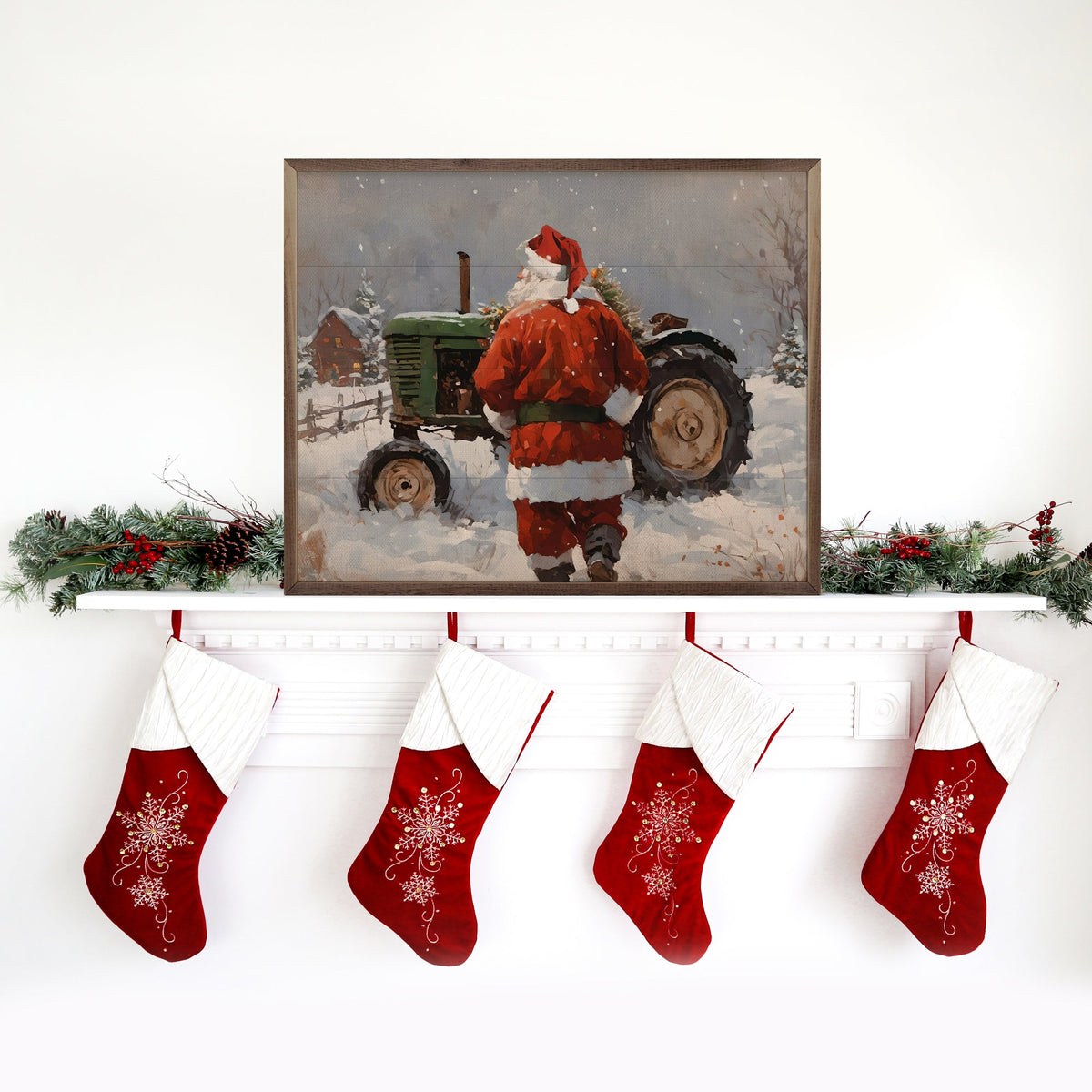 Santa With Green Tractor Printed and Framed Wall Sign