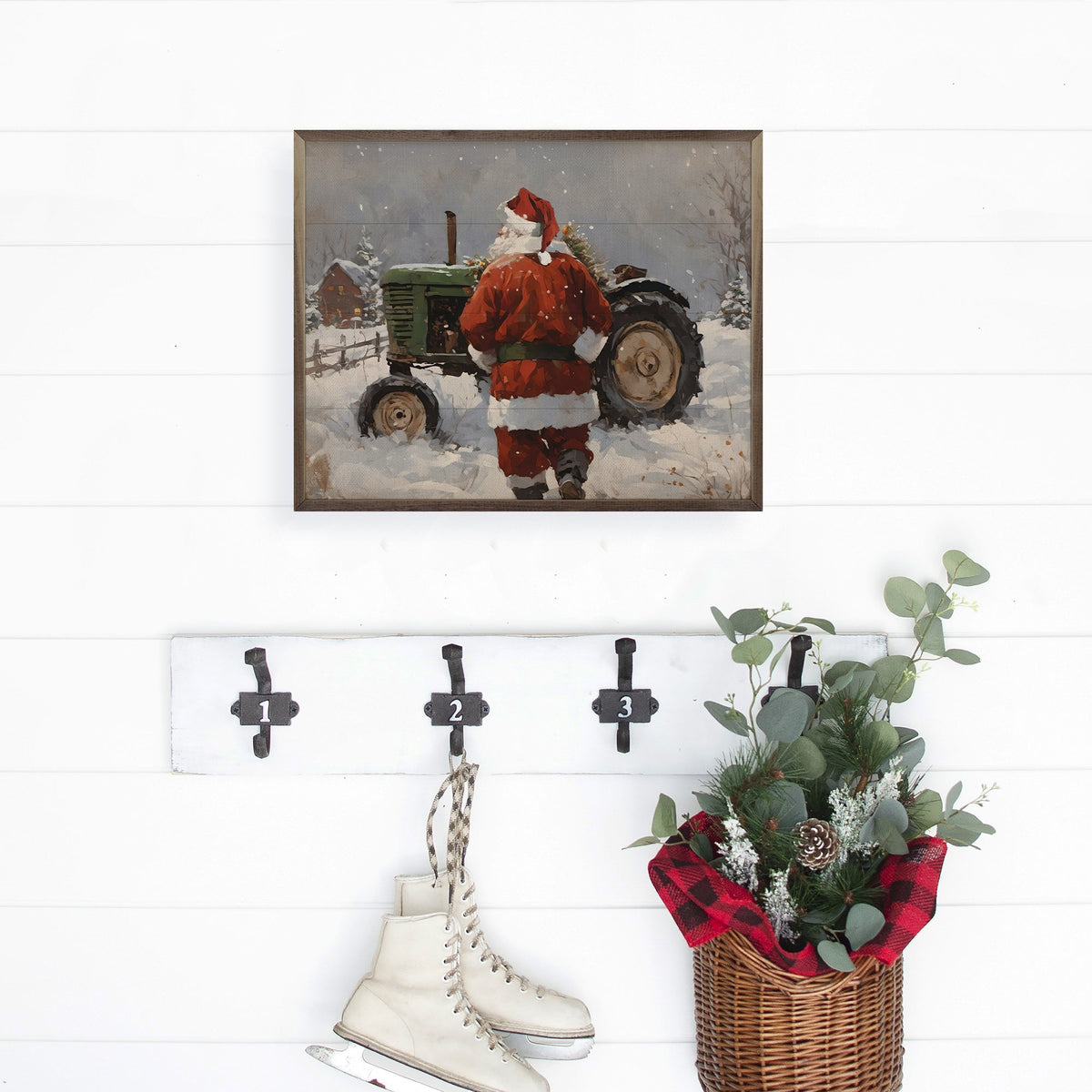 Santa With Green Tractor Printed and Framed Wall Sign