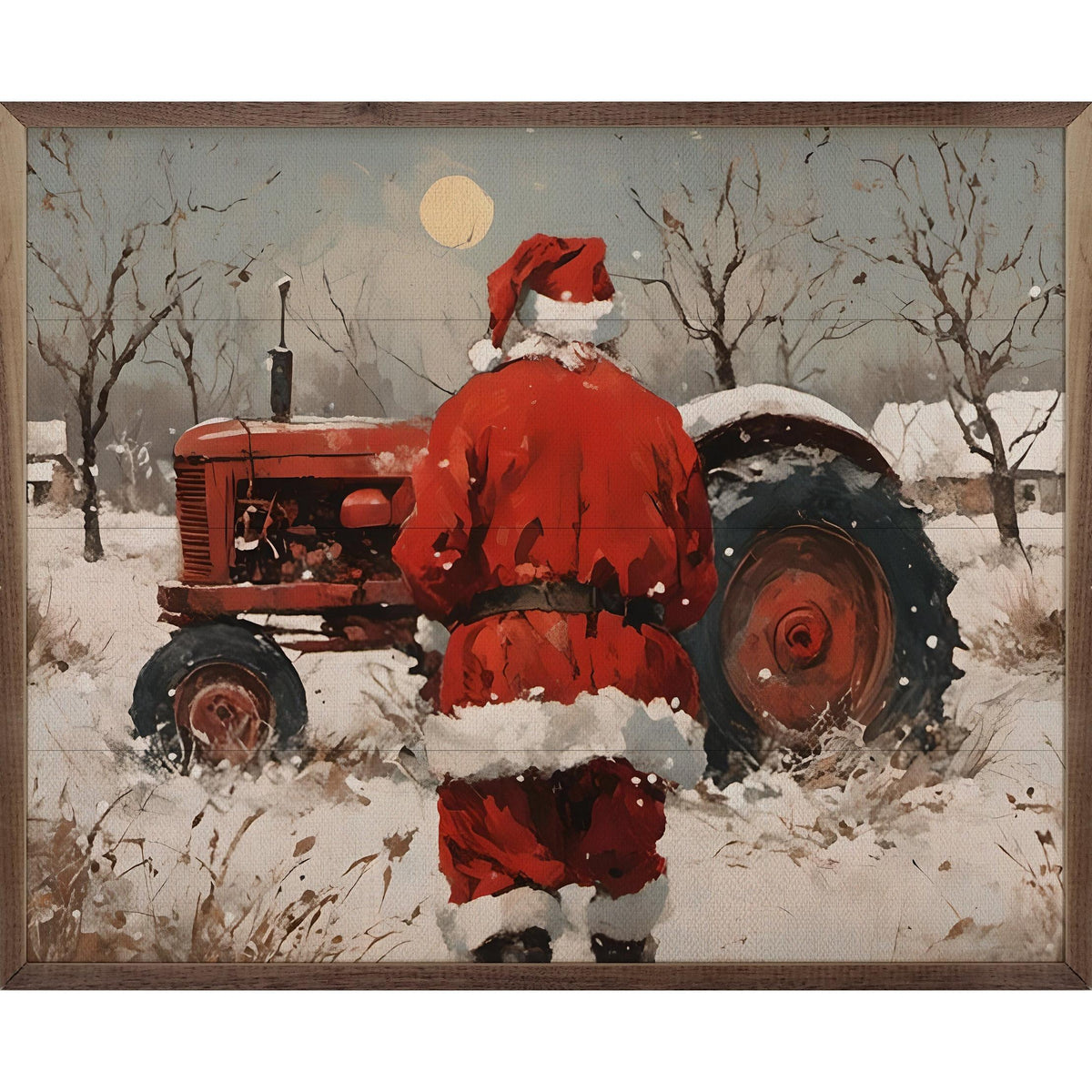 Santa With Red Tractor Printed and Framed Wall Sign