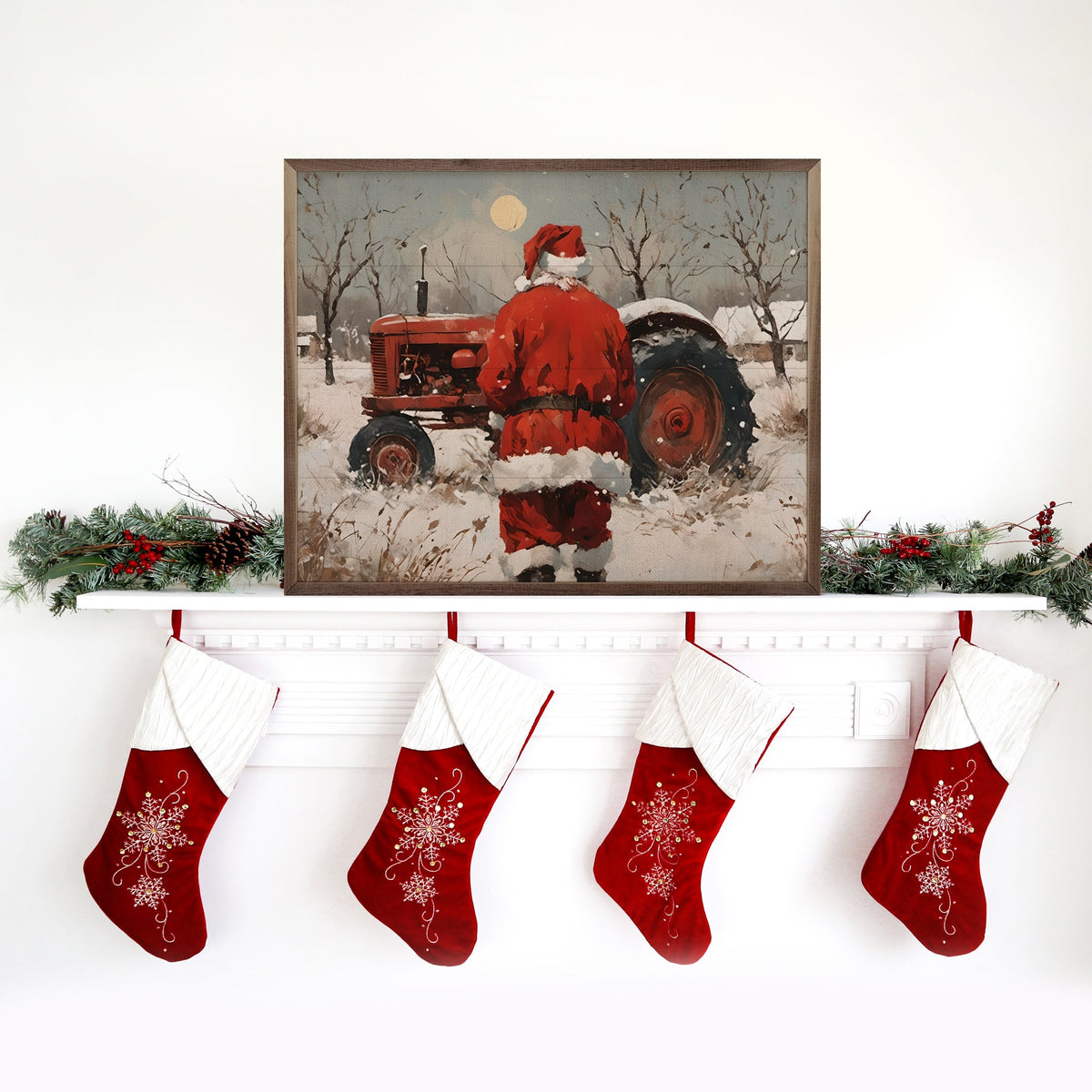 Santa With Red Tractor Printed and Framed Wall Sign