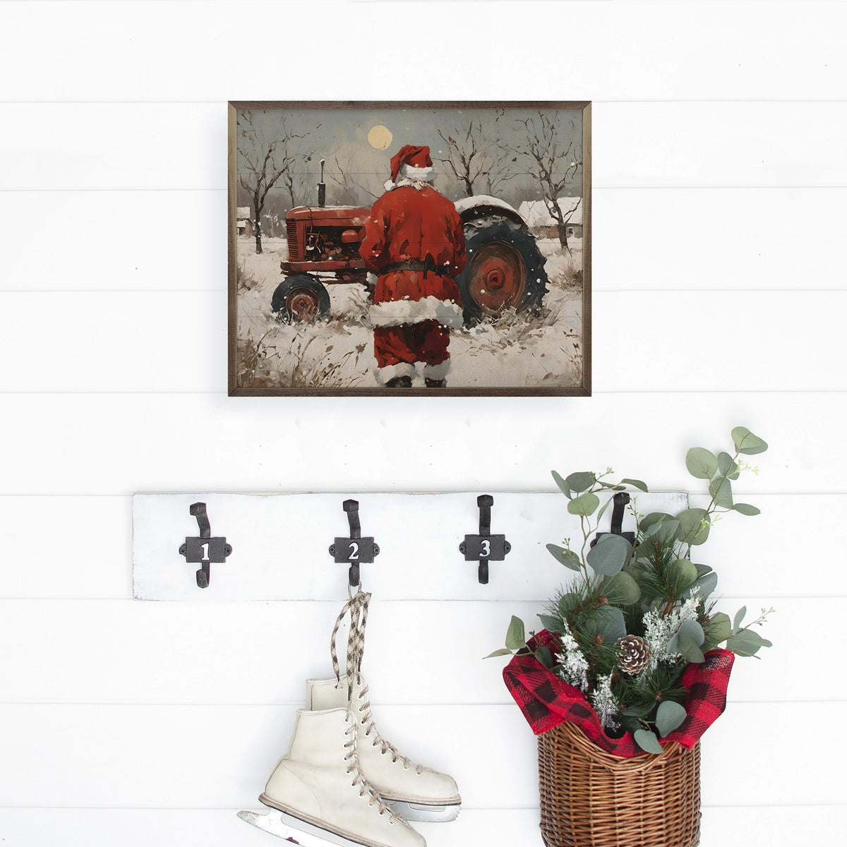 Santa With Red Tractor Printed and Framed Wall Sign