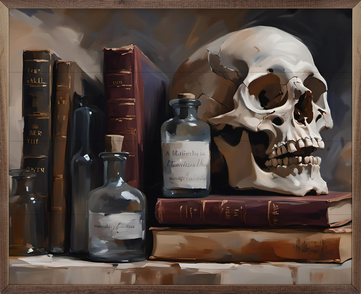 Spell Books With Large Skull Printed and Framed Wall Sign