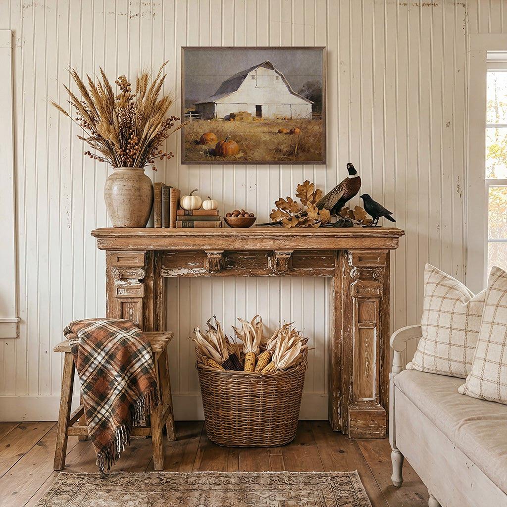 White Barn In Golden Pumpkin Pasture Printed and Framed Wall Sign