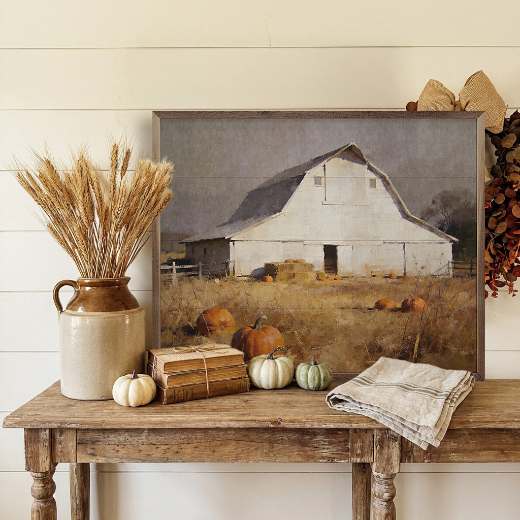 White Barn In Golden Pumpkin Pasture Printed and Framed Wall Sign