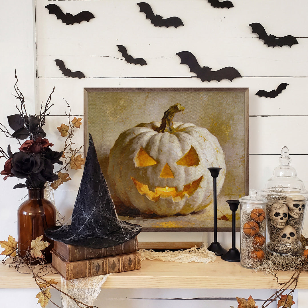 White Jack O Lantern Printed and Framed Wall Sign