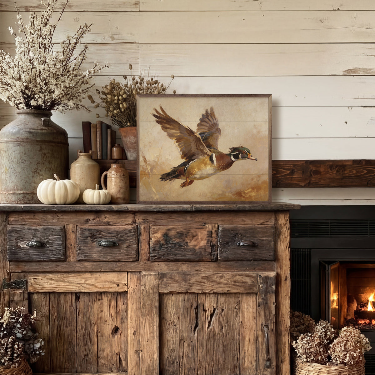 Wood Duck In Flight Autumn Light Printed and Framed Wall Sign