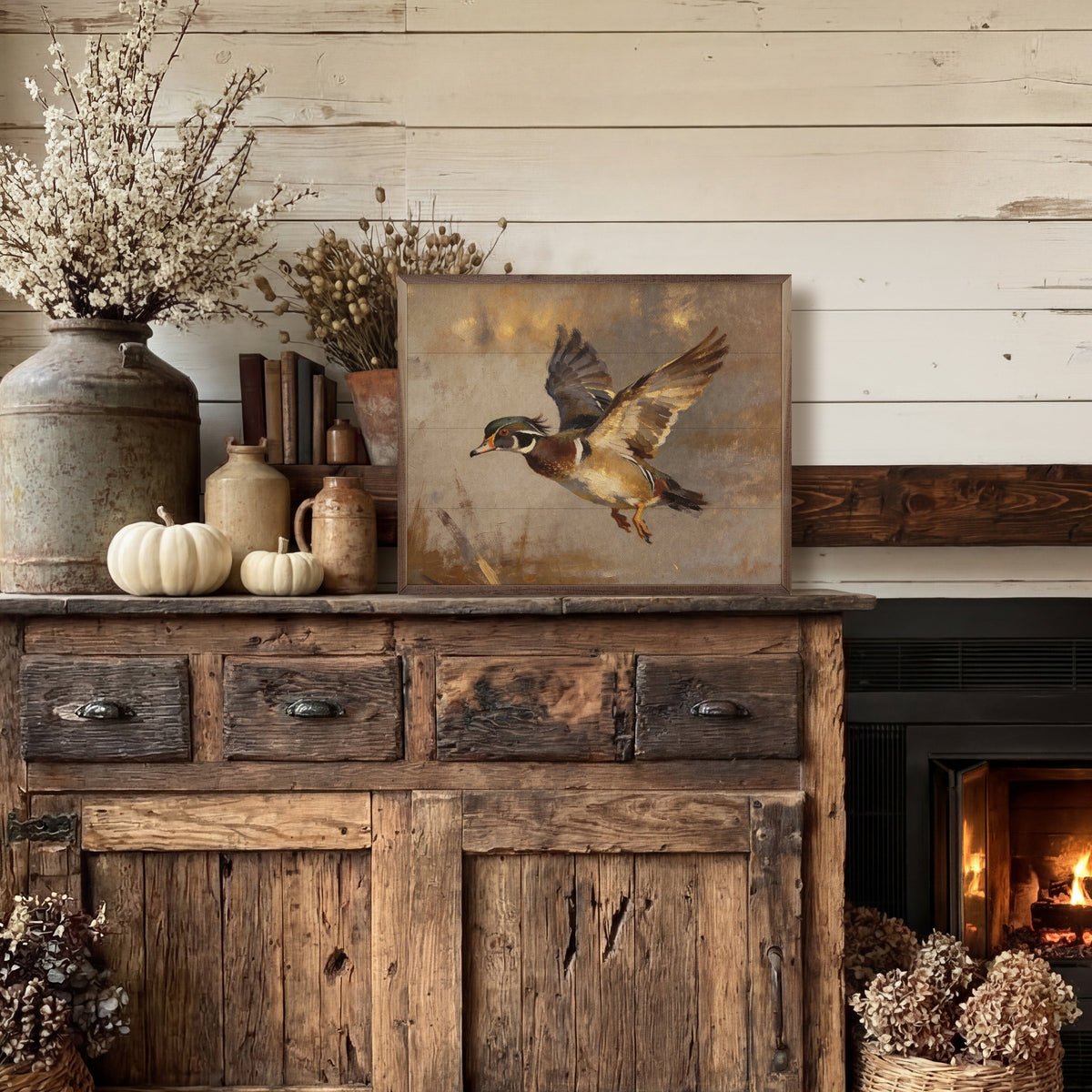 Wood Duck In Flight Over Pond Printed and Framed Wall Sign