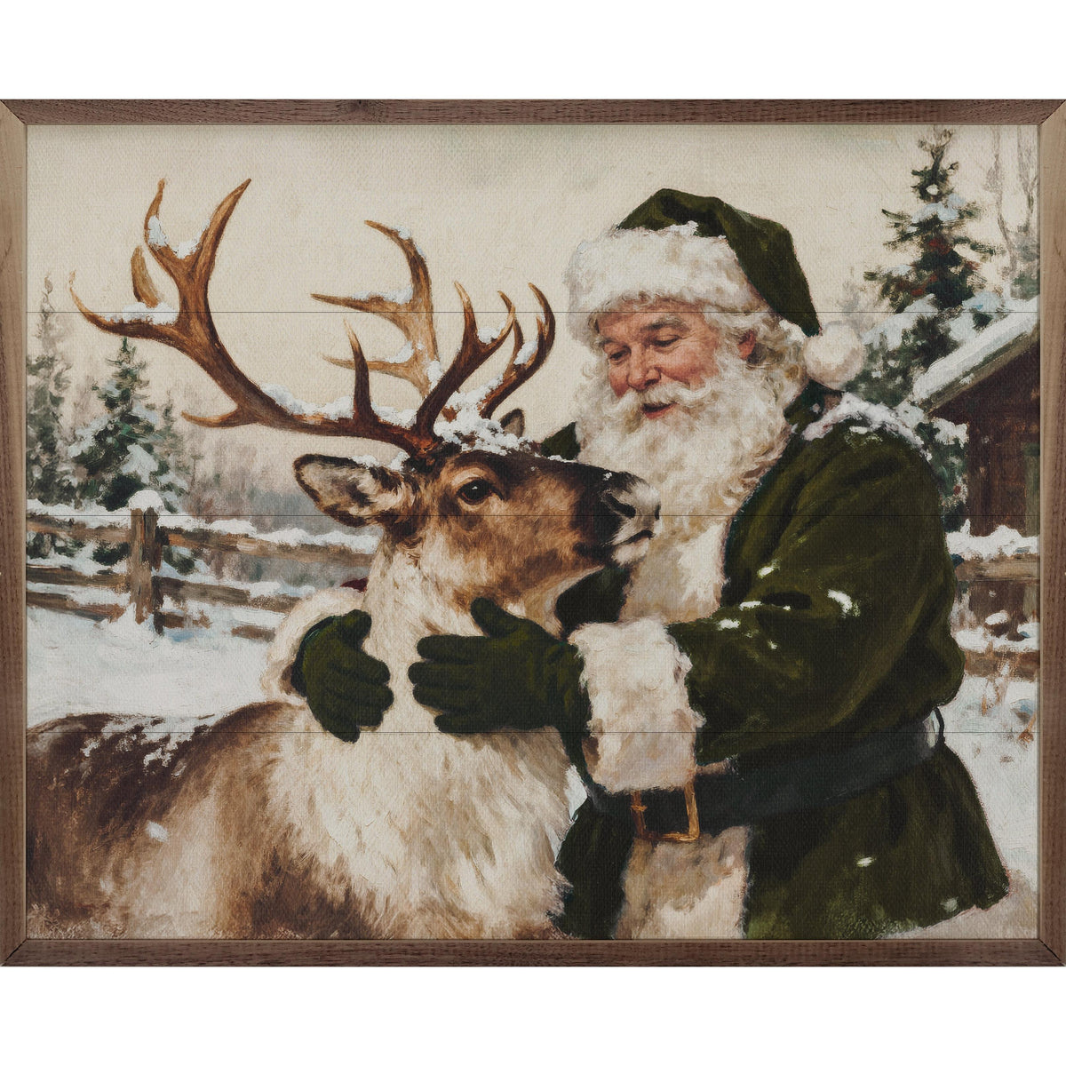 Santa And Reindeer Green Printed and Framed Wall Sign