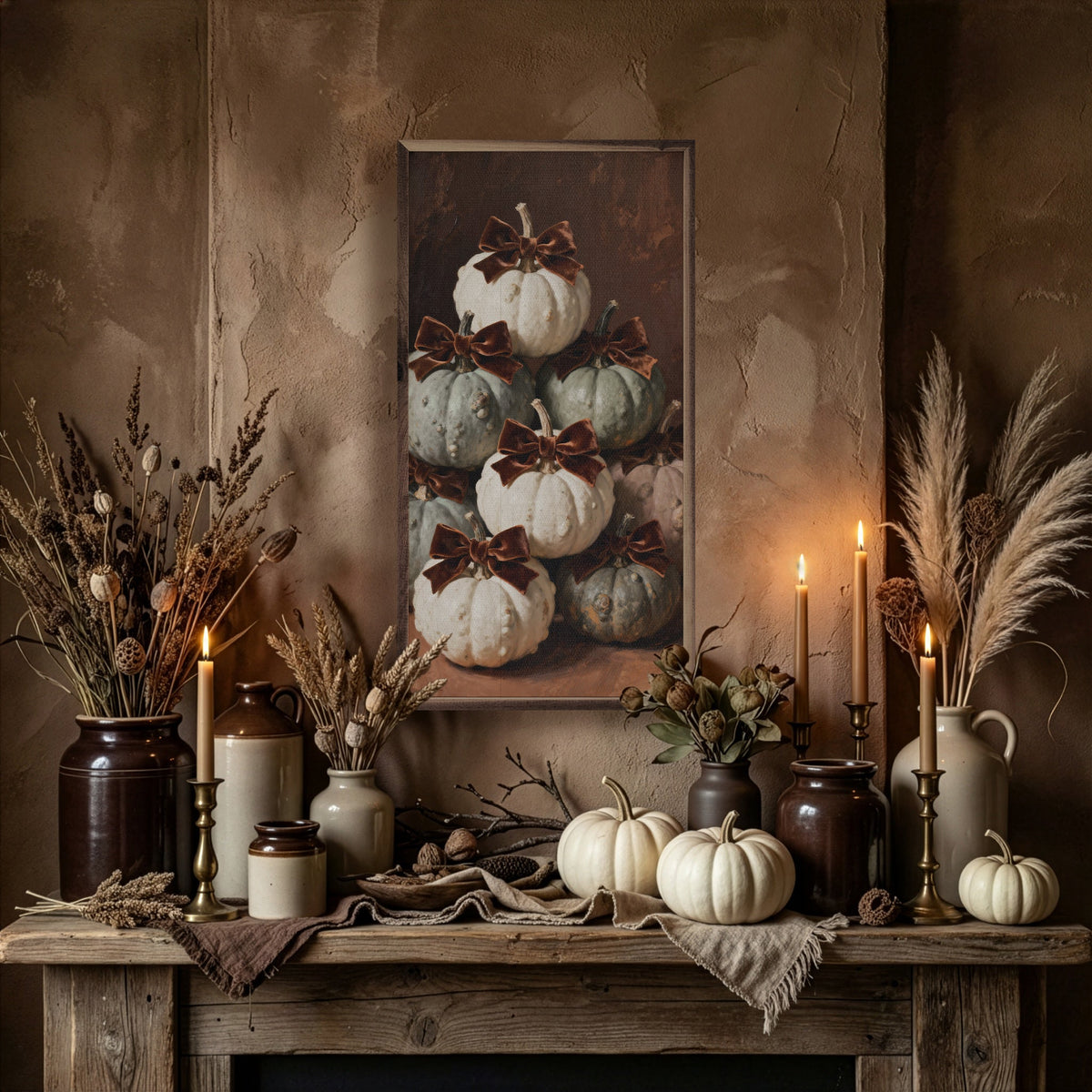 Brown Velvet Bow Mini Pumpkins Printed and Framed Wall Sign
