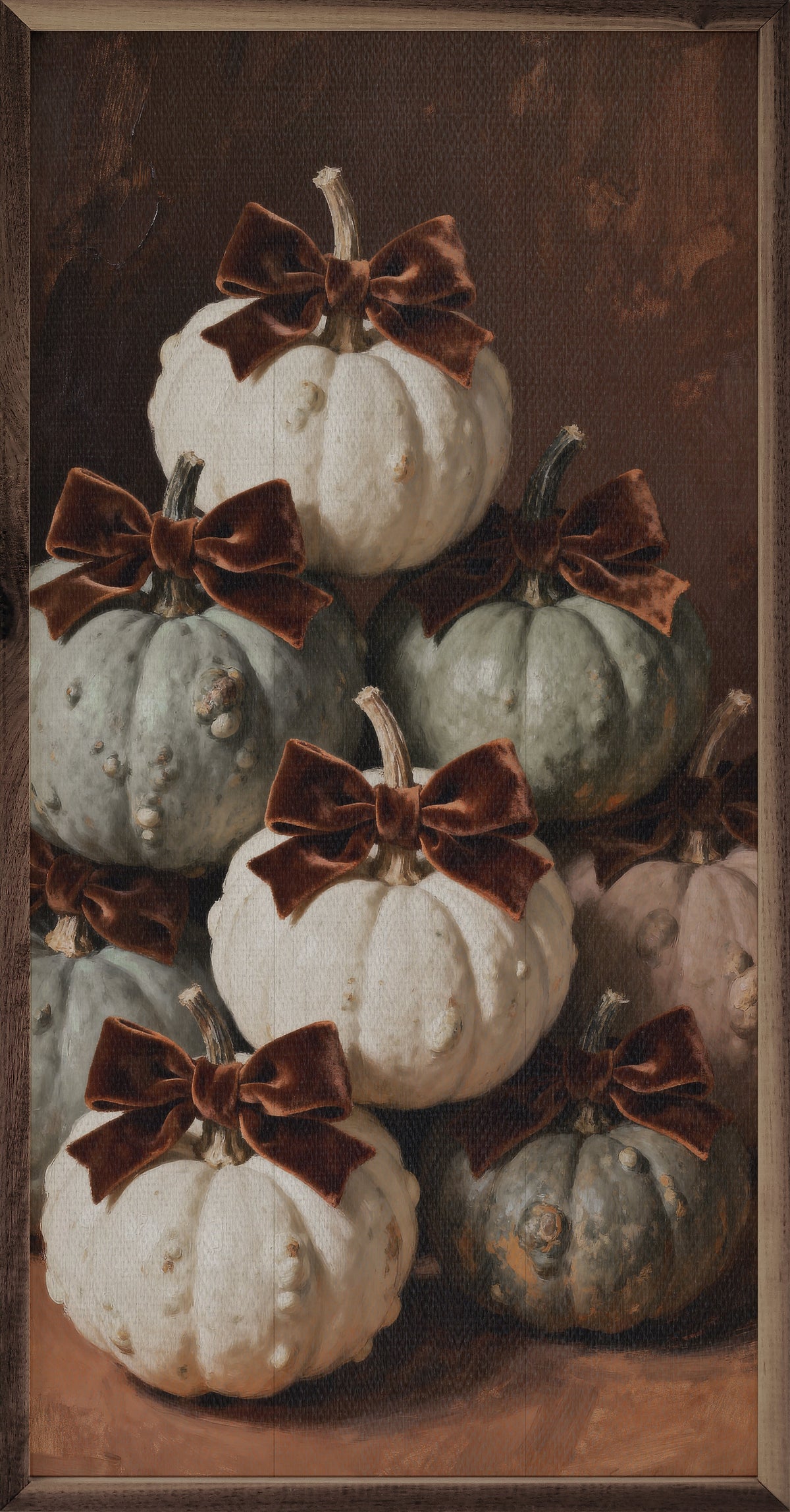 Brown Velvet Bow Mini Pumpkins Printed and Framed Wall Sign