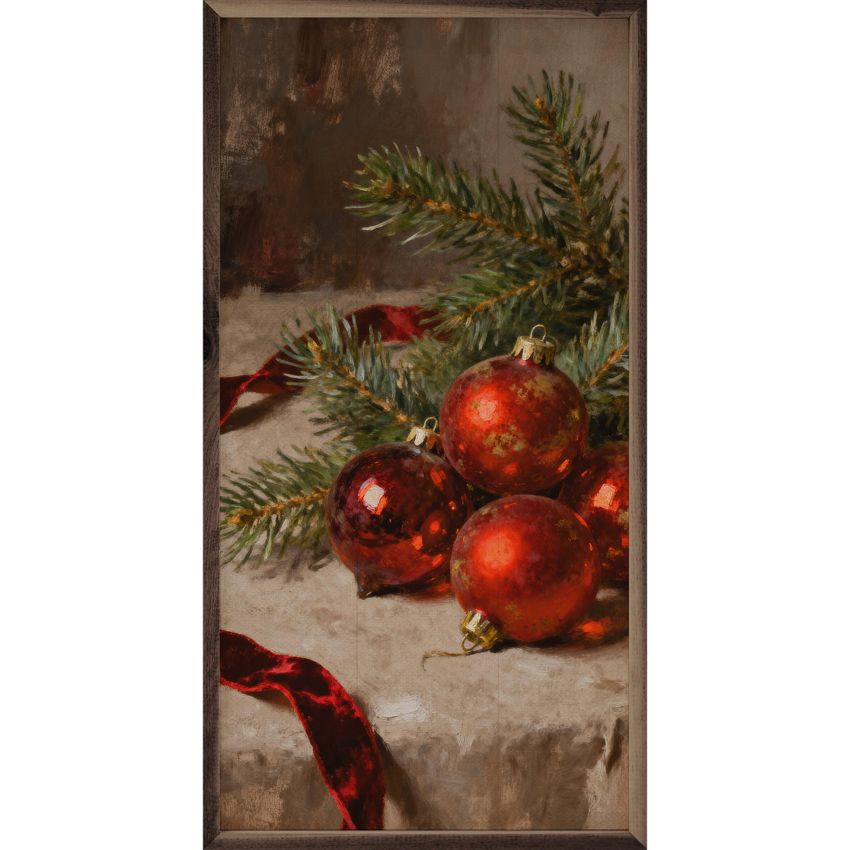Ornaments Red With Red Ribbon Printed and Framed Wall Sign