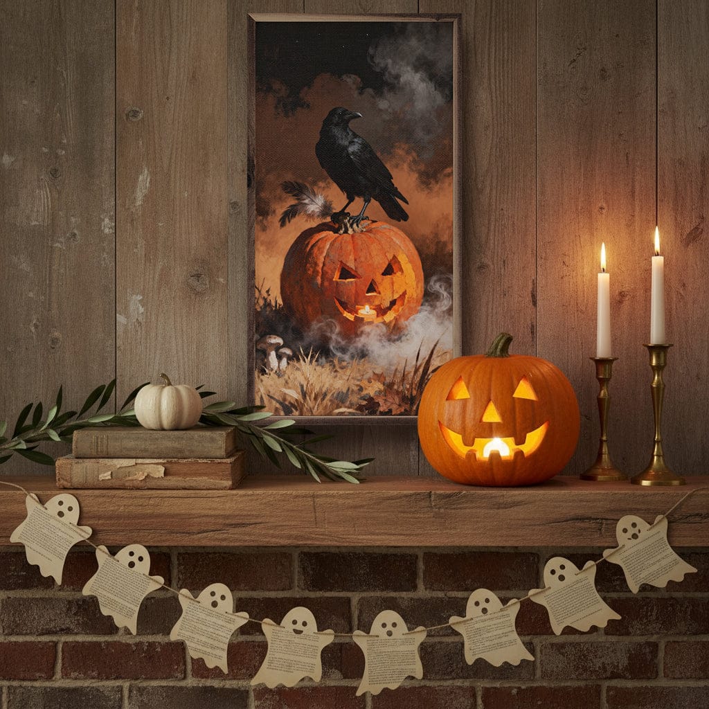 Crow On Pumpkin Printed and Framed Wall Sign