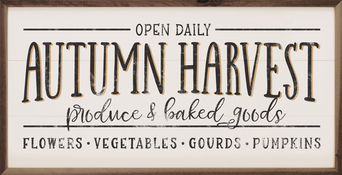 Autumn Harvest Produce And Baked Goods Whitewash Printed and Framed Wall Sign