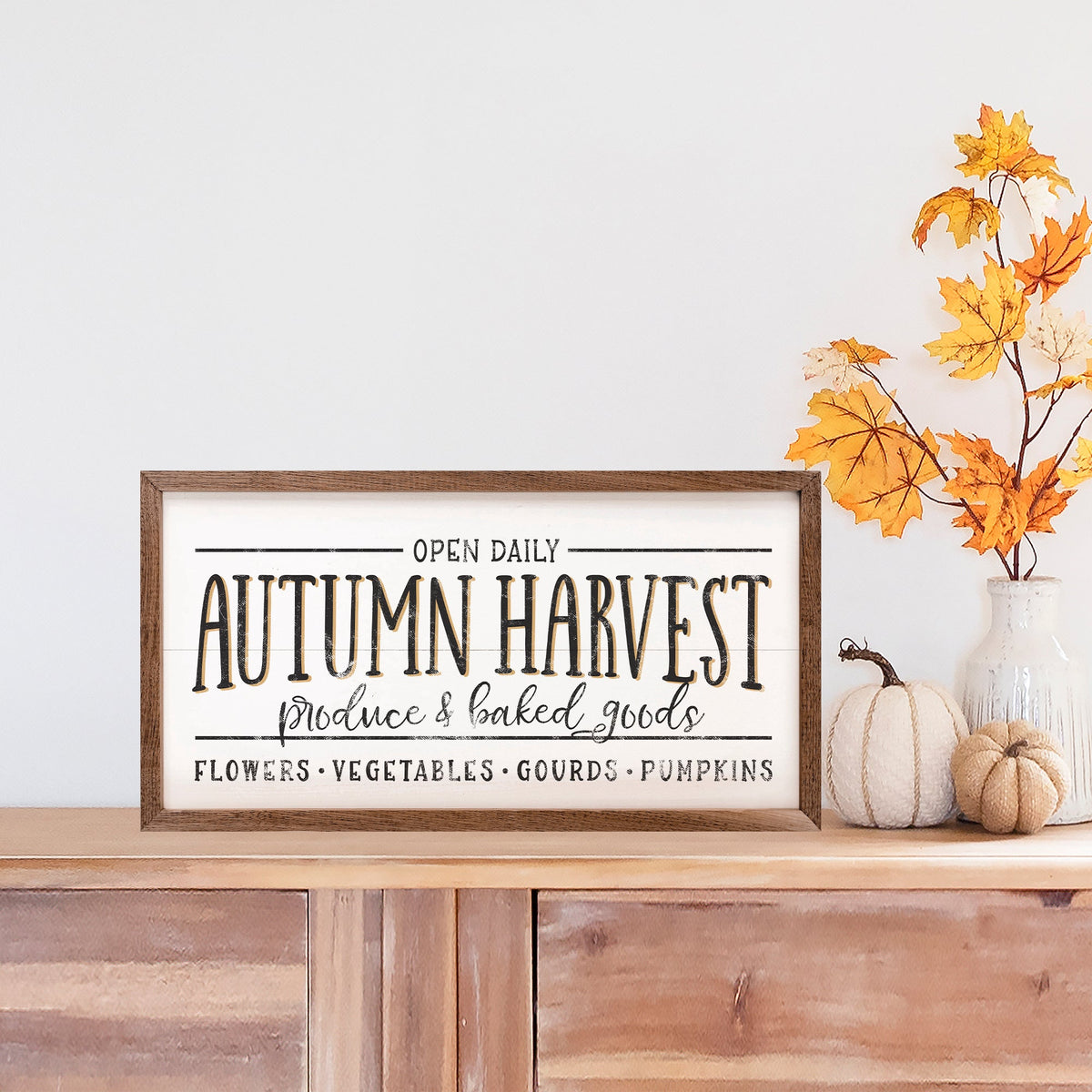 Autumn Harvest Produce And Baked Goods Whitewash Printed and Framed Wall Sign