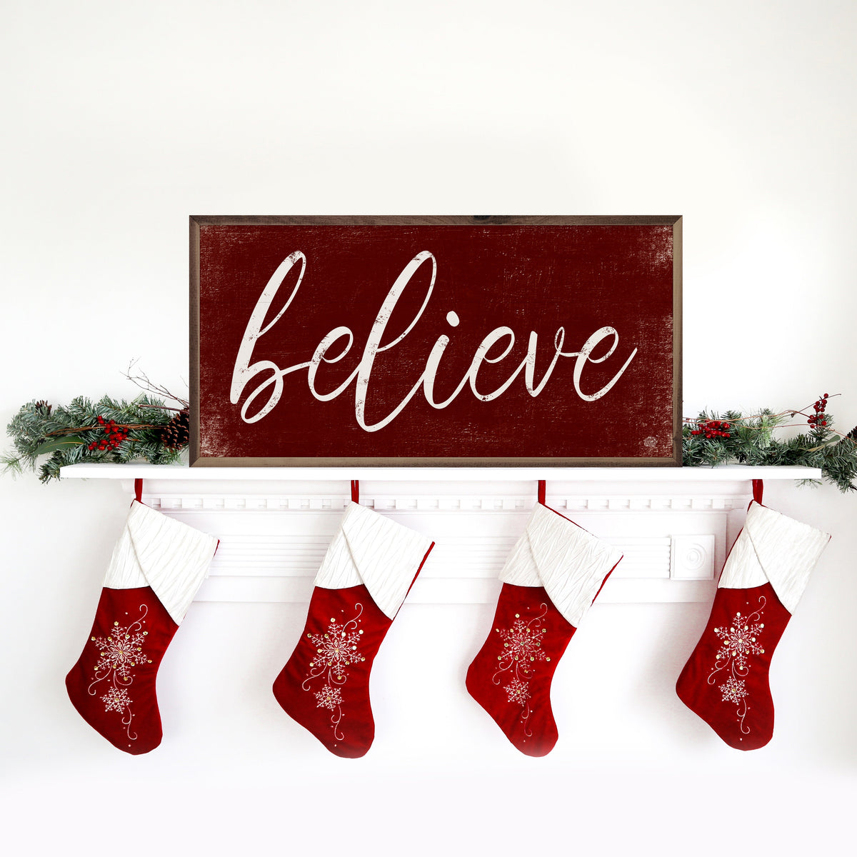 Believe Script Red Printed and Framed Wall Sign
