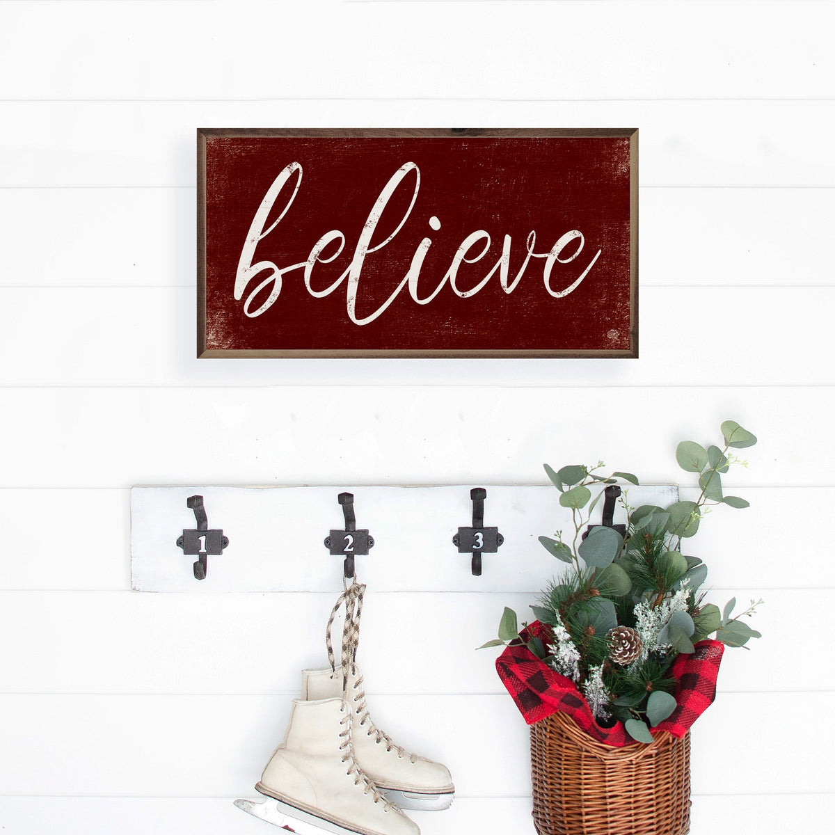Believe Script Red Printed and Framed Wall Sign