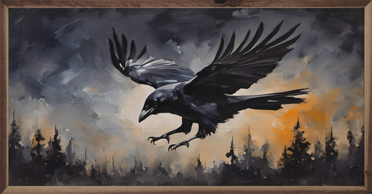 Black Flying Crow Printed and Framed Wall Sign