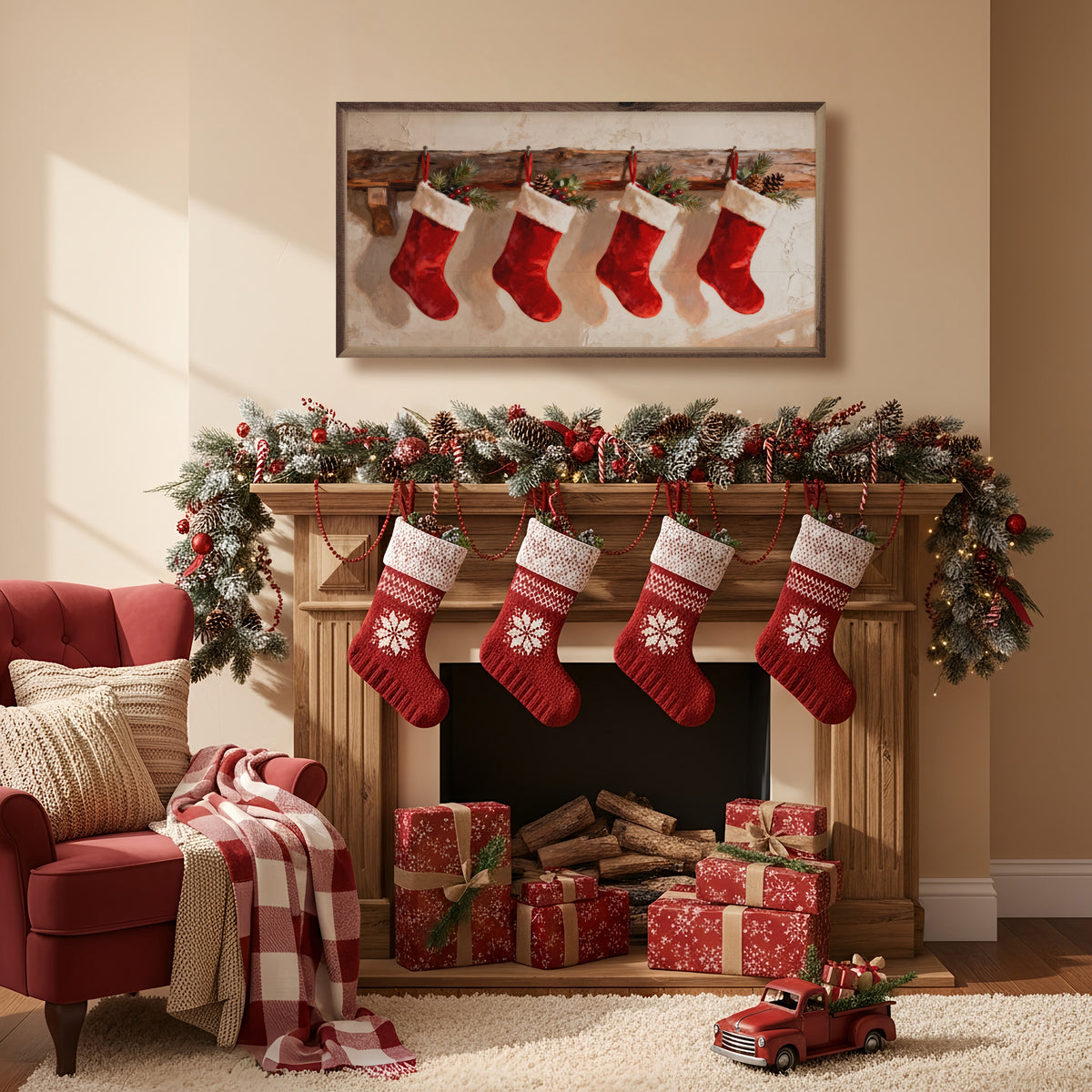 Four Red Christmas Stockings Printed and Framed Wall Sign