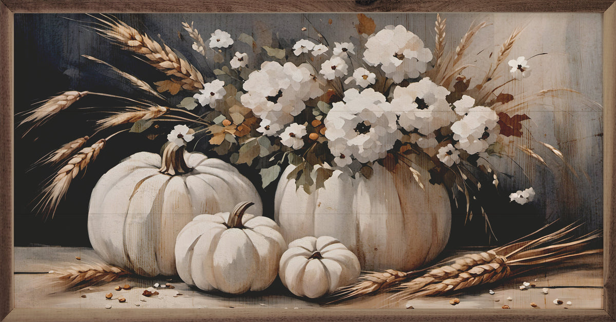 Four White Pumpkin Bouquet Printed and Framed Wall Sign